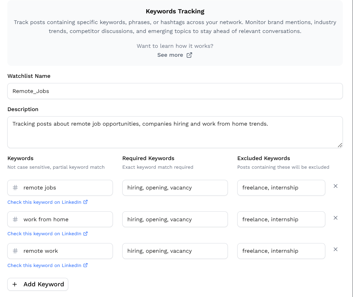 Keyword-Watchlist-Beispiel in Outx.ai